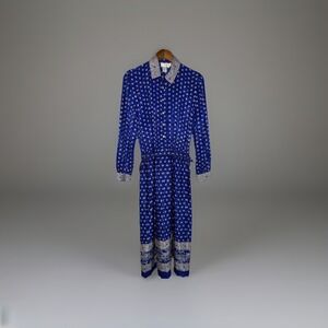 Vintage 80s Schrader Paisley Full Skirt Belted Secretary Shirt Dress Pockets‎ 12